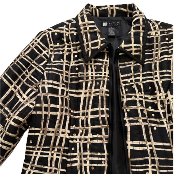 Carole Little Jacket Silk Quilted Black Tan Gold Sequin Bling Zip Front Large - Picture 8 of 11